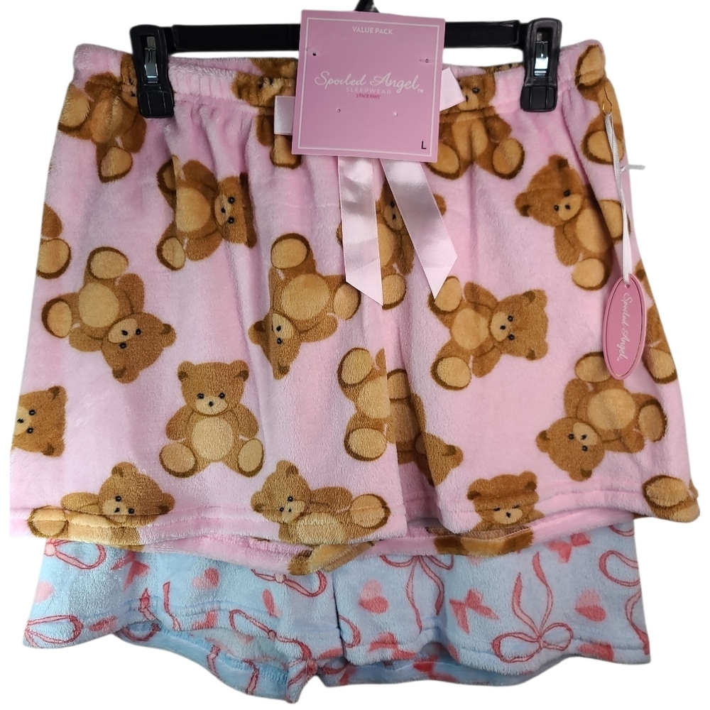 2 pc PJ Fleece Shorts Teddy Bear & Ribbon Print Cozy Pajama Women lg